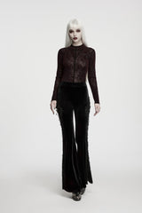 Red High Collar Long Sleeves Rose Jacquard Lace Slim Fit Women's Gothic Luxurious Top - Product - 7