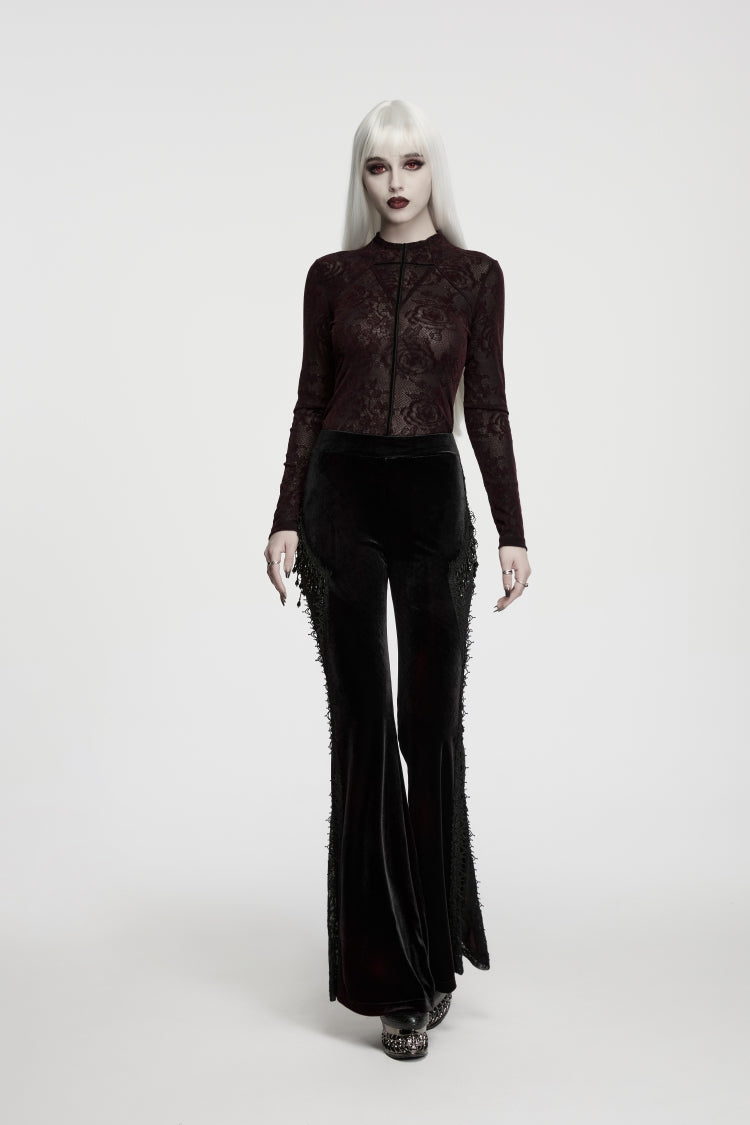 Red High Collar Long Sleeves Rose Jacquard Lace Slim Fit Women's Gothic Luxurious Top - Product - 7