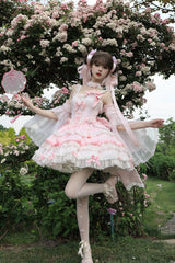 Pink [Prelude of Spring Cherry] Square Collar Sleeveless Multi-Layered Jacquard Ruffled Bow Lace Pearl-Decorated Sweet Lolita Jsk Dress - Product - 2