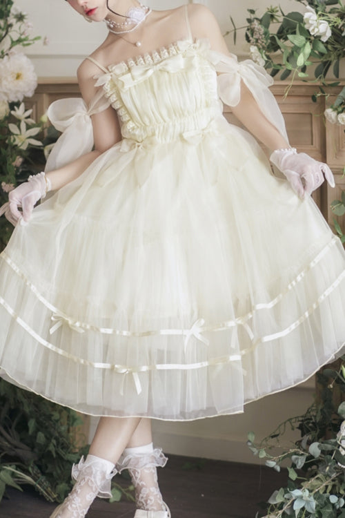 Beige Small Ballet High Waisted Bowknot Chiffon Long Version Sweet Lolita JSK Dress - Product - 12