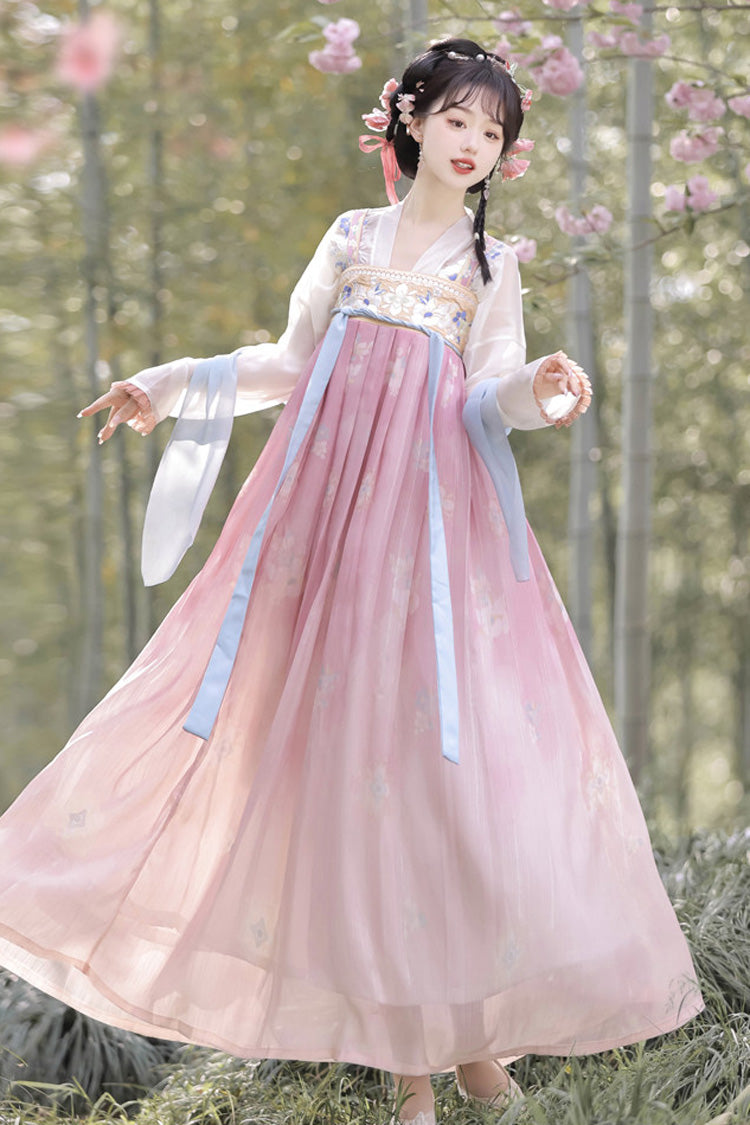 Pink Long Sleeves Tang-Style Qixiong Ruqun Printed Lace Sweet Hanfu Dress Set - Pink - 1