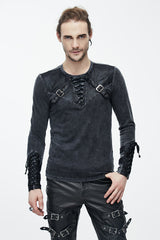 Black Faded Long Sleeves Lace Up Mens Punk T-Shirt - Product - 2