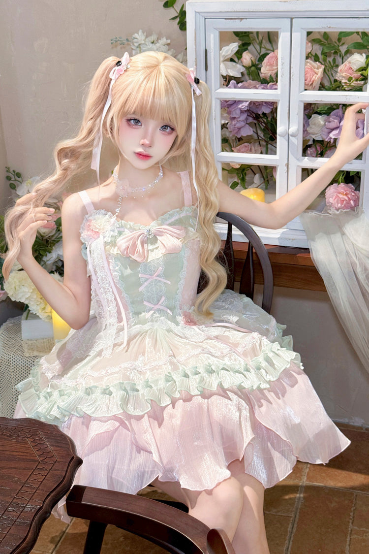 Pink/Green Summer Garden Ruffle Embroidery Bowknot Lace Sweet Lolita Jsk Short Dress - Product - 6