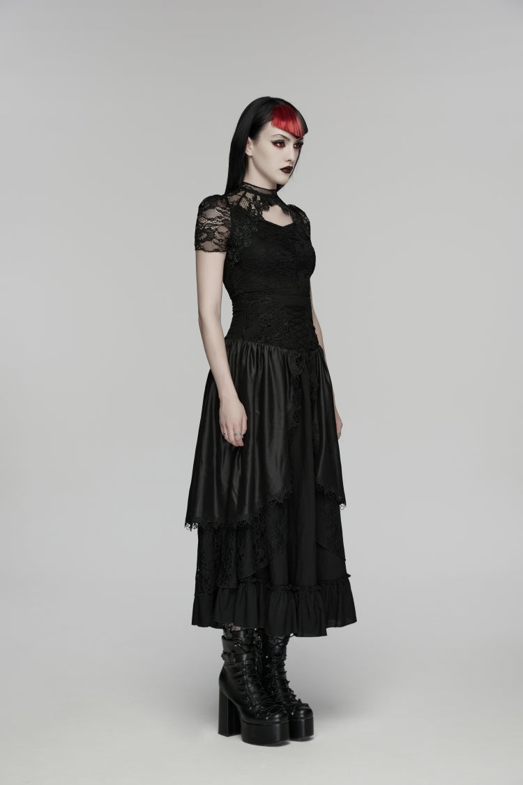 Black High Waisted Multi-Layered Floral Embroidered Lace Pleated Women's Gothic Elegant Cosplay Skirt - Product - 2