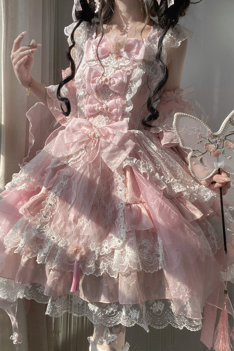 Pink [Spring Waters Reflecting Pear Blossoms] Ruffled Embroidered Open-Front Bow Lace Sweet Lolita Jsk Dress - Product - 2