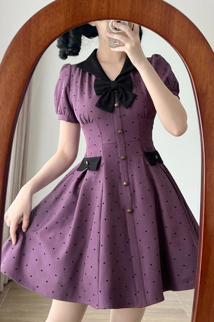 Purple [Forest Boulotty] Lapel Collar Short Sleeves Heart-Shaped Polka Dot Printed Bow Sweet Lolita Dress - Product - 6