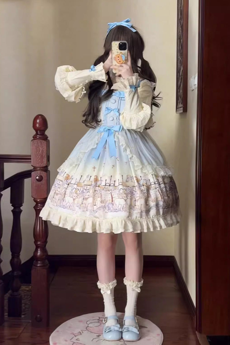[Angel Lamb] Sleeveless Printed Ruffled Bow Sweet Lolita Jsk Dress 3 Colors - Blue - 4