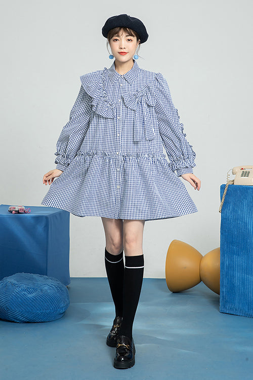 Blue Plaid Print Bow Ruffled Long Sleeves Single Breasted Sweet Lolita OP Dress - Product - 2