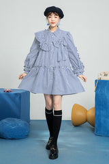 Blue Plaid Print Bow Ruffled Long Sleeves Single Breasted Sweet Lolita OP Dress - Product - 2