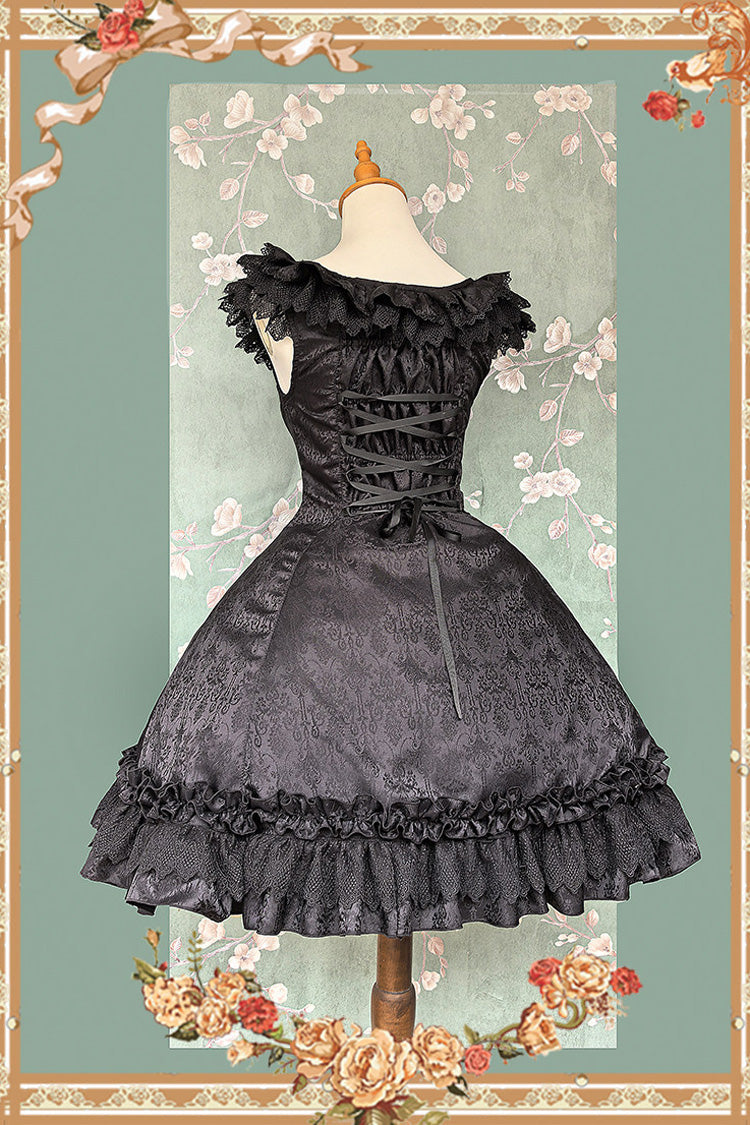 Black [Floral Canon] Round Collar Sleeveless Jacquard Printed Ruffled Bow Gothic Lolita Jsk Dress - Product - 10