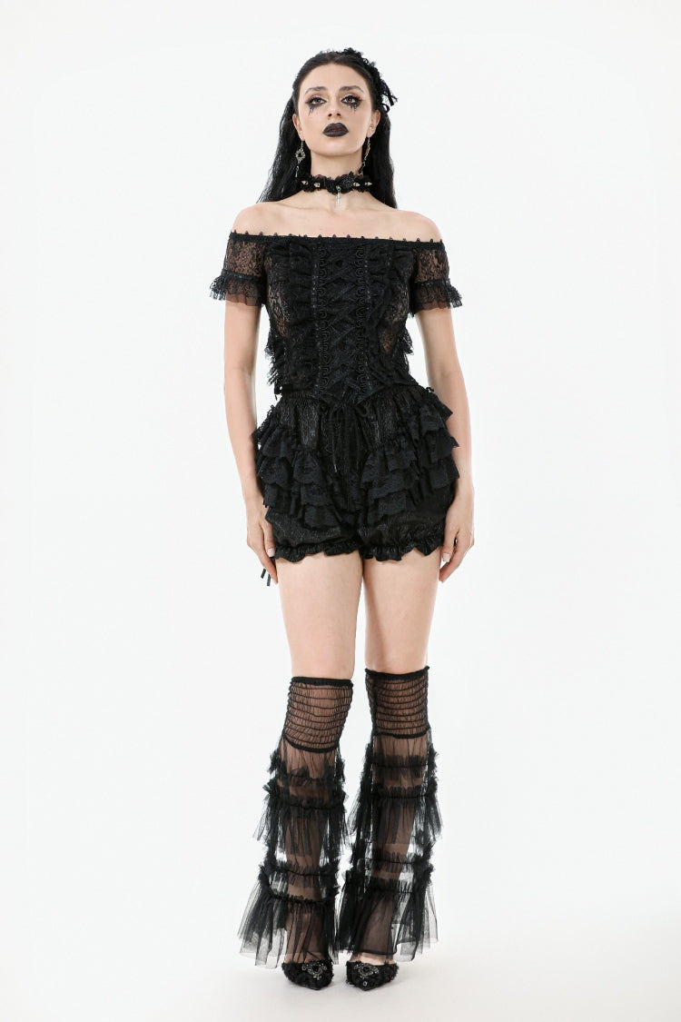 Black Women's Lolita Gothic Embroidered Flower Multilayered Lace Trim Lantern Shorts - Product - 6