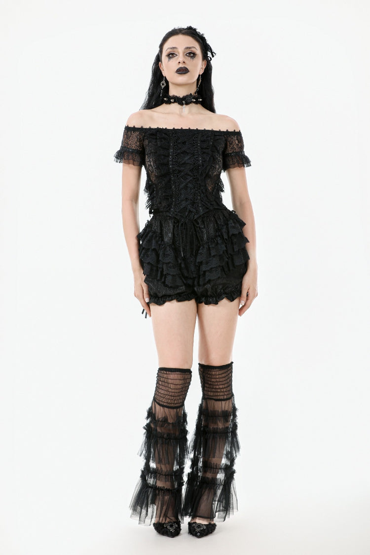 Black Women's Lolita Gothic Embroidered Flower Multilayered Lace Trim Lantern Shorts - Product - 6