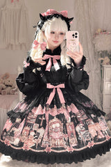 Black [The Case of the Missing Lamb] Print Ruffle Bowknot Lace Gothic Lolita SK Skirt - Product - 4