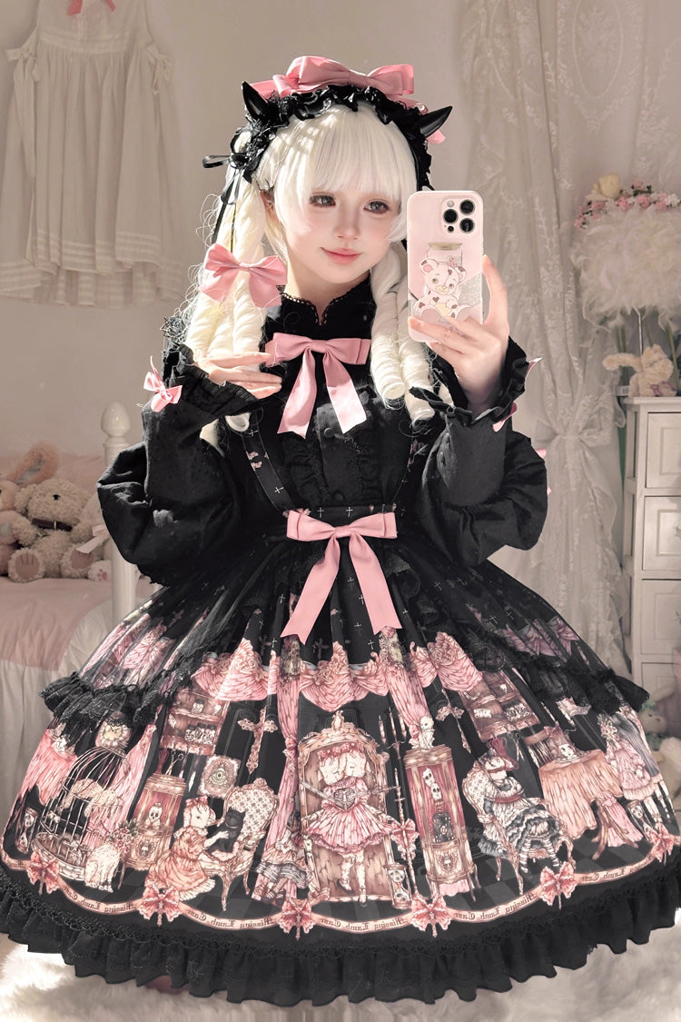 Black [The Case of the Missing Lamb] Print Ruffle Bowknot Lace Gothic Lolita SK Skirt - Product - 4