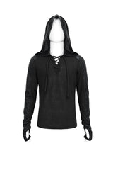 Black Trendy Dark Tether V-Neck Panel Knit Hooded Men's Punk T-Shirt - Product - 7