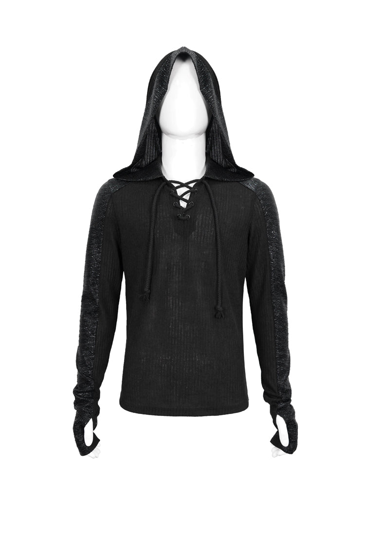 Black Trendy Dark Tether V-Neck Panel Knit Hooded Men's Punk T-Shirt - Product - 7