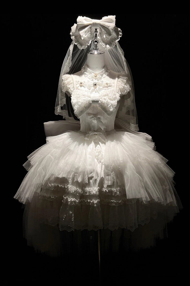 White [Jewelry Love Story] Halterneck Ruffle Hanayome Bowknot Lace Gothic Lolita Dress - Product - 7