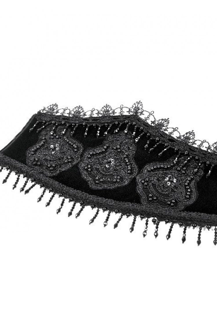 Black Embroidered Women's Gothic Royal Velvet Waist Cincher with Double Beaded Tassels - Product - 11