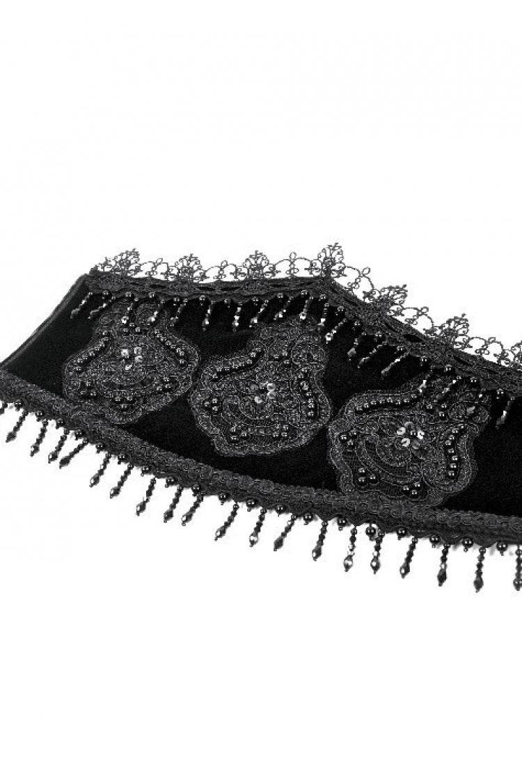 Black Embroidered Women's Gothic Royal Velvet Waist Cincher with Double Beaded Tassels - Product - 11