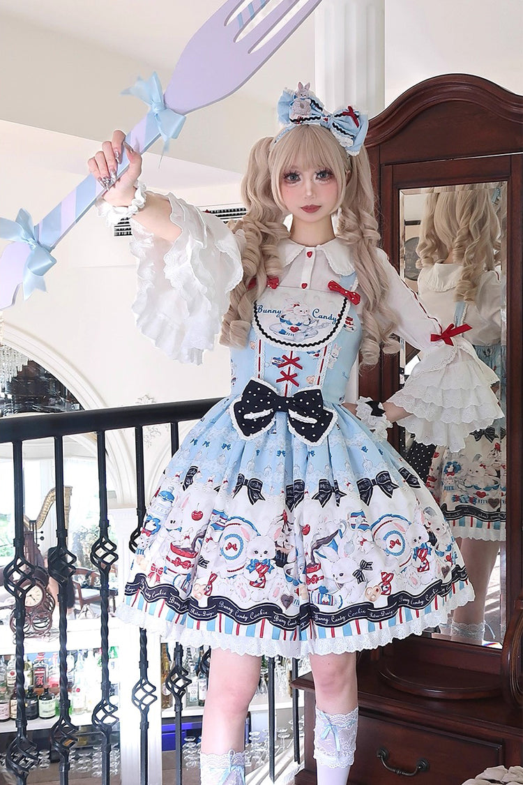 Blue [Mystery Rabbit Tea Party] Sleeveless Print Ruffle Bowknot Lace Sweet Lolita Jsk Dress - Product - 9