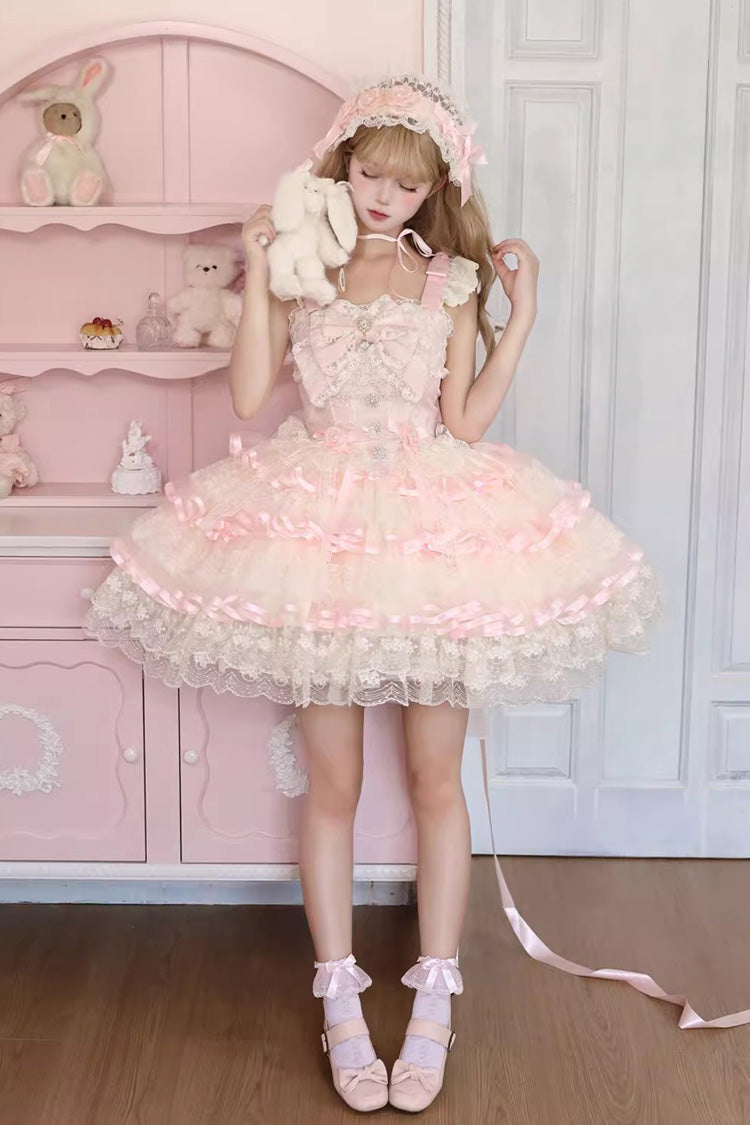 Pink [Rose Feather Waltz] Sleeveless Triple-Layered Ruffle Bowknot Lace Sweet Ballet Lolita Jsk Dress - Product - 5