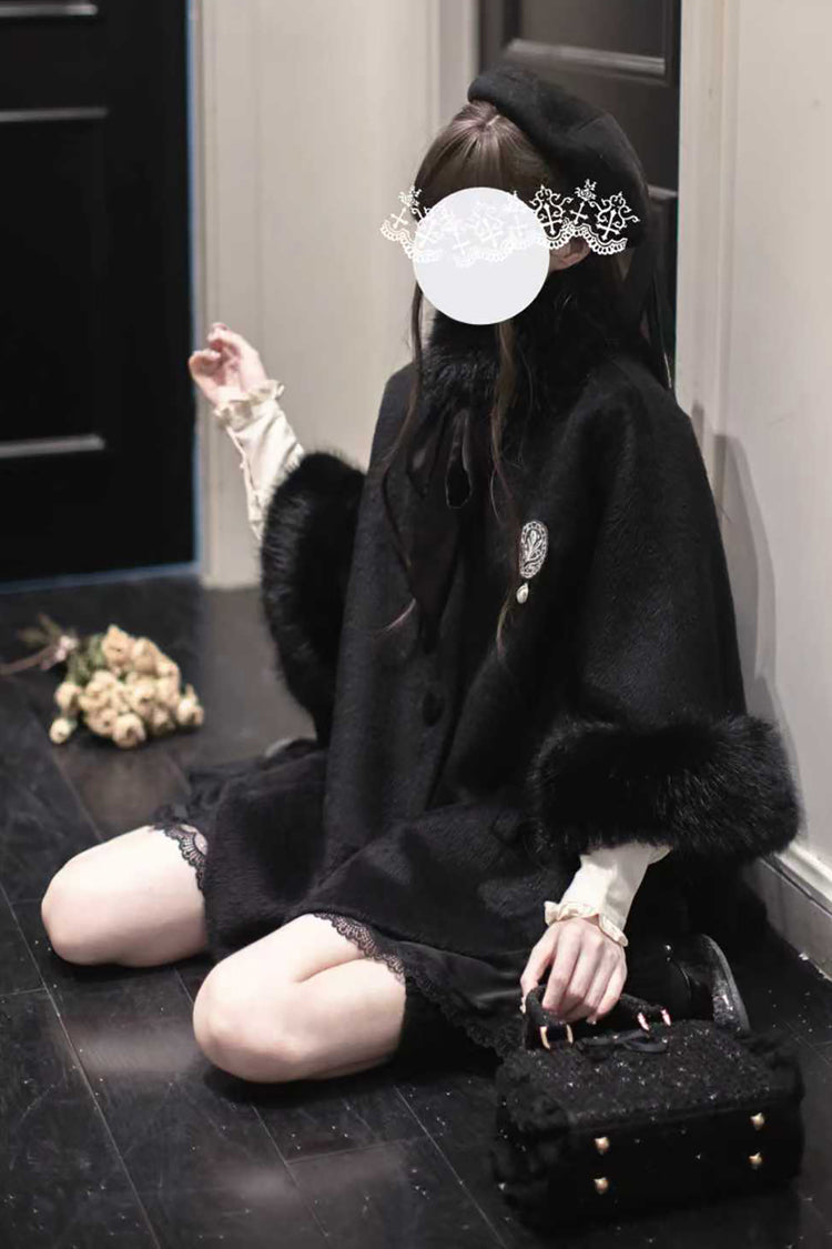 Black Long Sleeves Lace Gothic Japanese Lolita Fluffy Cloak Coat - Product - 9
