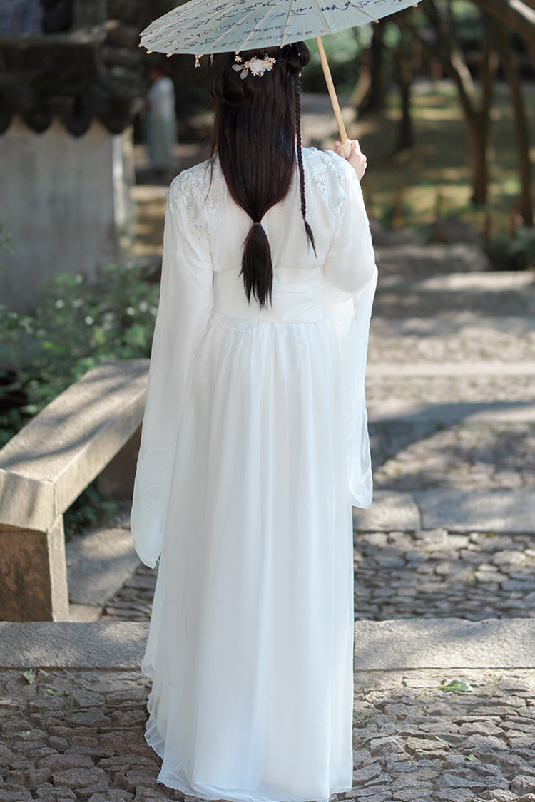 White Fairy-Like Long Trumpet Sleeves Embroidered Sweet Ancient Chinese Inspired Hanfu Dress - Product - 8
