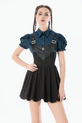 Blue Pinstripe Point Collar Short Puff Sleeves Women's Gothic Blouse with Detachable Bat Bow Tie - Product - 5