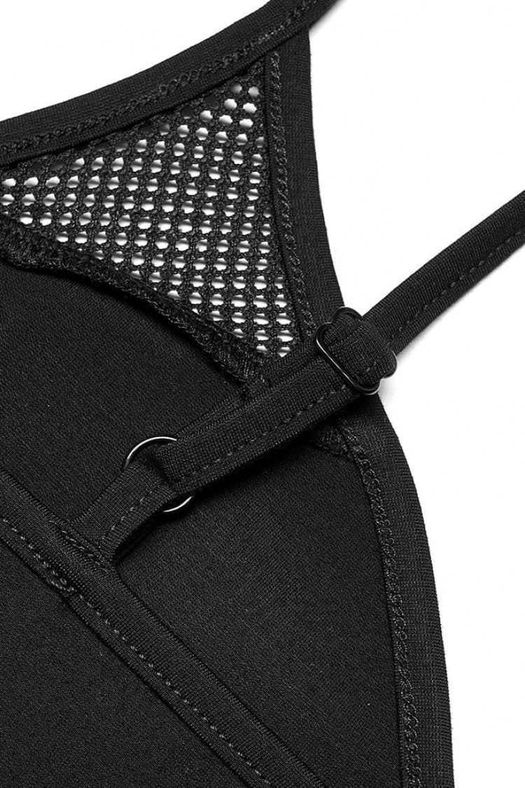 Black Short Sleeves Metal Heart Buckle Strap Slim Women's Punk Vest - Product - 8