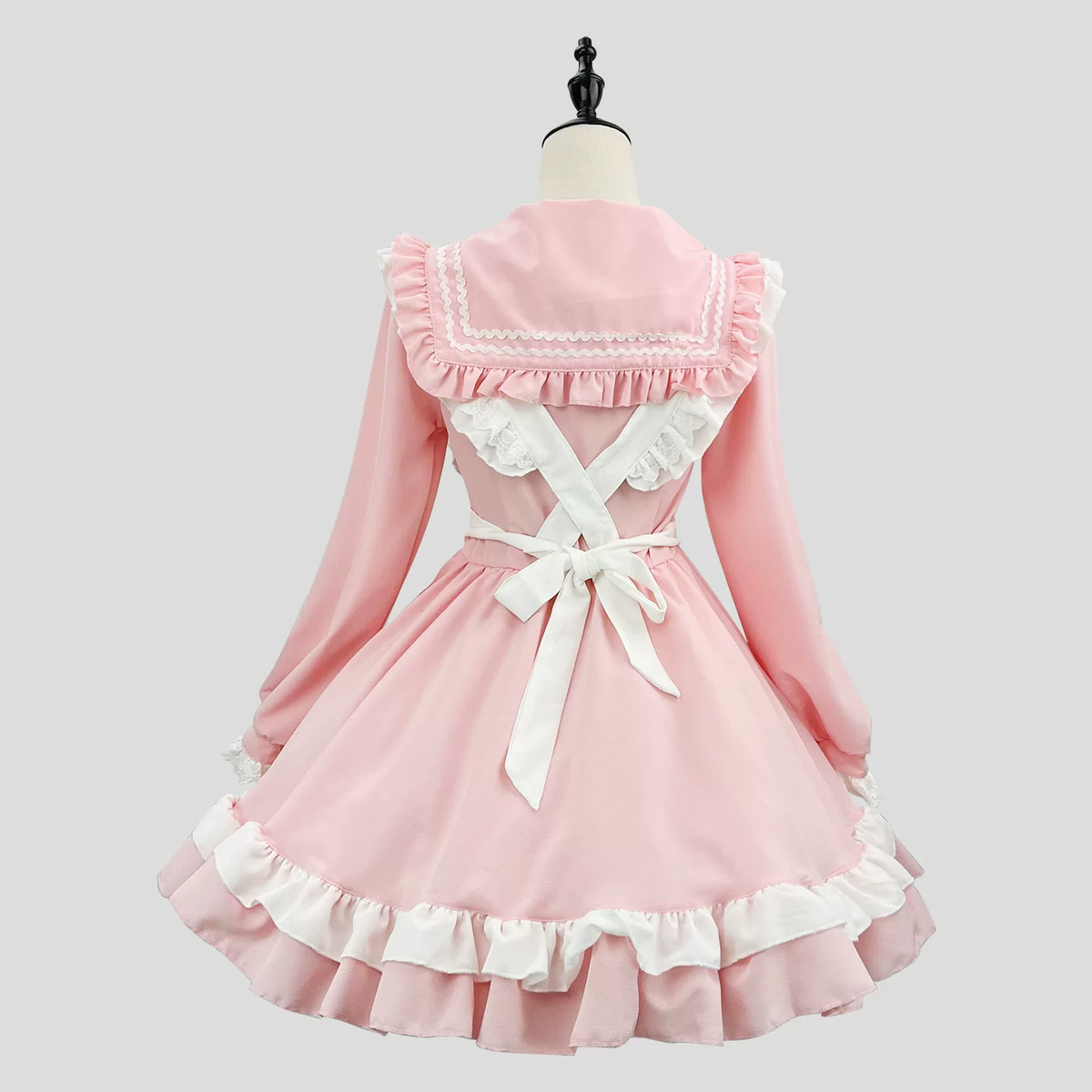 Light Blue Ruffled Sailor Collar Maid Lolita Dress with Apron Bow Accent - view 3
