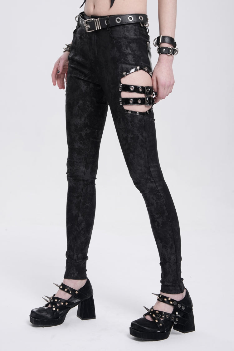 Black Print Cutout Buckle Women's Gothic Pants - Product - 3