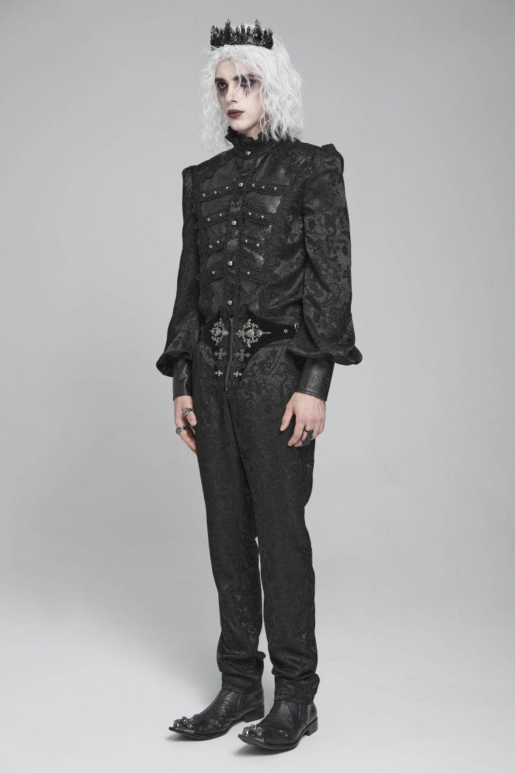 Black Stand Collar Long Lantern Sleeves Floral Print Embroidery Men's Gothic Blouse - Product - 6