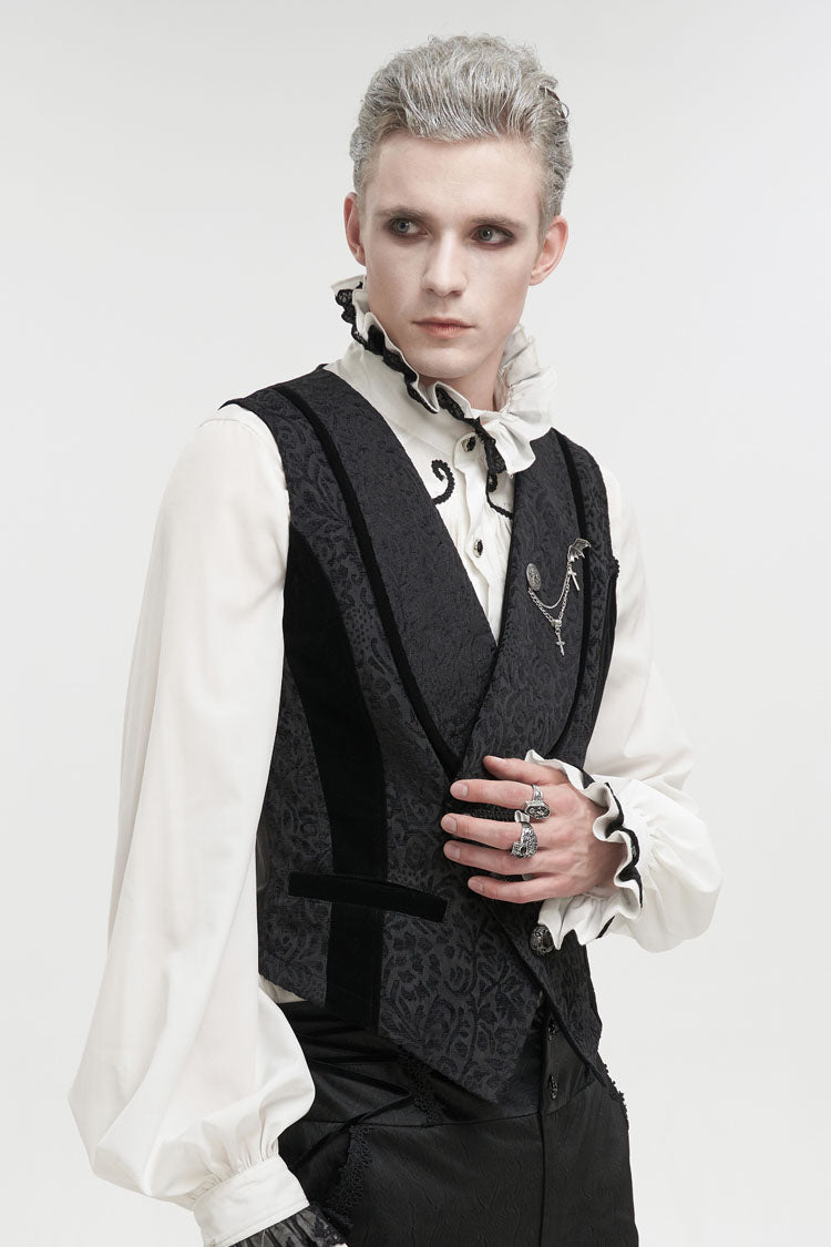 Black Slim Fit Retro Jacquard Chest Metal Chain Cross Men's Gothic Vest - Product - 2