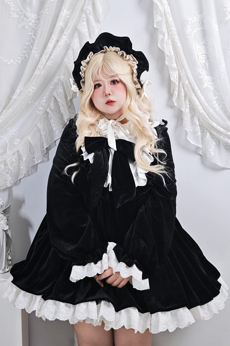 Black [Antique Velvet Doll] Stand Collar Long Sleeves Ruffled Bow Gothic Plus Size Lolita Dress - Product - 2
