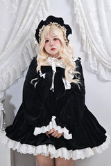 Black [Antique Velvet Doll] Stand Collar Long Sleeves Ruffled Bow Gothic Plus Size Lolita Dress - Product - 2