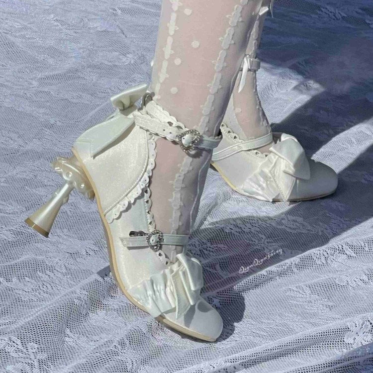Ruffled Bow Lace Sweet Elegant Lolita Pointed Toe High Heels 4 Colors - Product - 8
