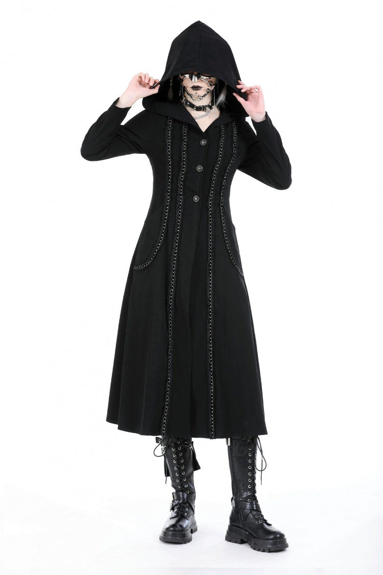 Black Long Sleeves Ruffled Lace-Up Women's Punk Long Jacket with Hood - Black - 1