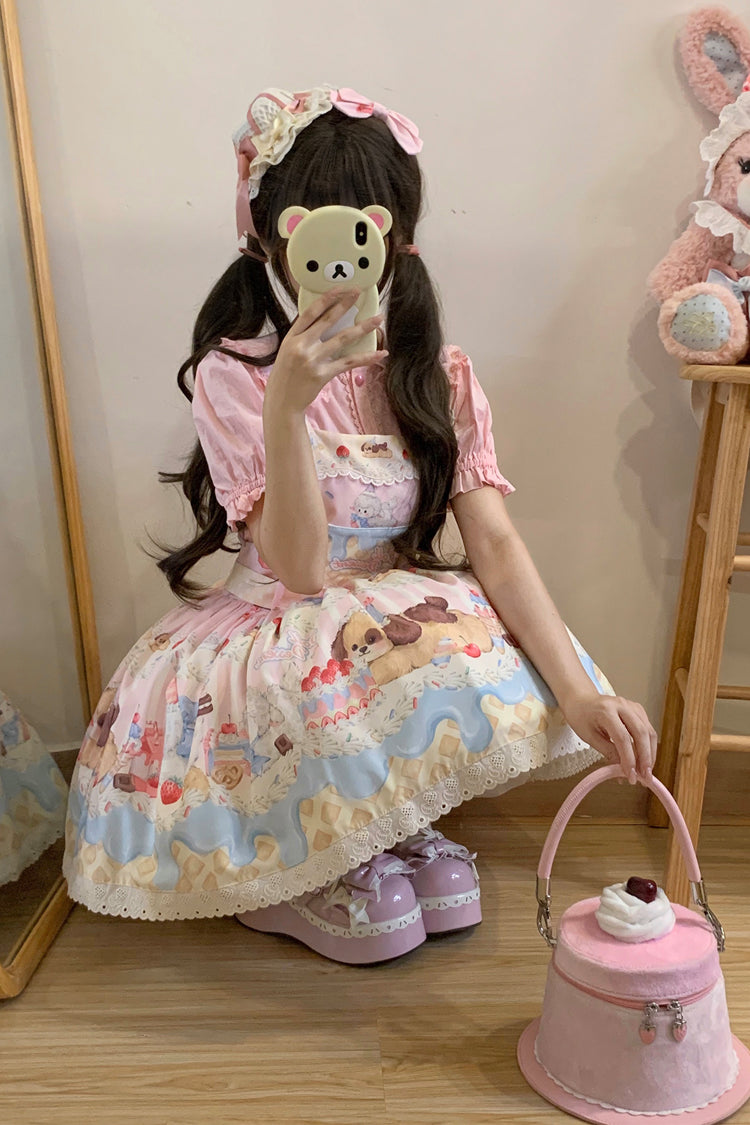 Cream Party Print Bowknot Stitching Lace Sweet (Dress Only) detail view 7