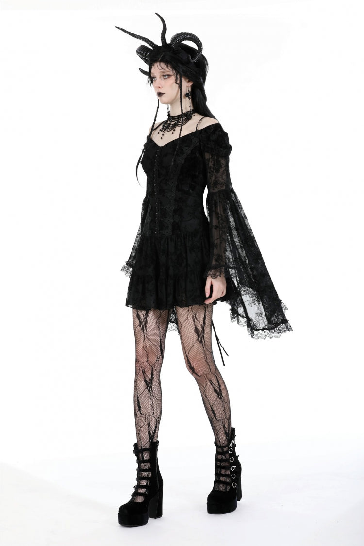 Black Off Shoulder Long Trumpet Sleeves Velvet Spliced Mesh Women's Gothic Graduation Dress - Product - 10