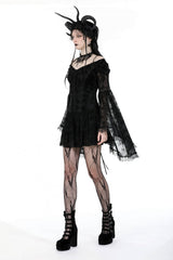 Black Off Shoulder Long Trumpet Sleeves Velvet Spliced Mesh Women's Gothic Graduation Dress - Product - 10