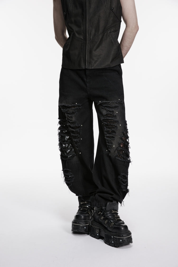Black Irregular Mesh Ripped Studded Zippered Eyelet Men's Punk Handsome Cool Pants - Product - 6