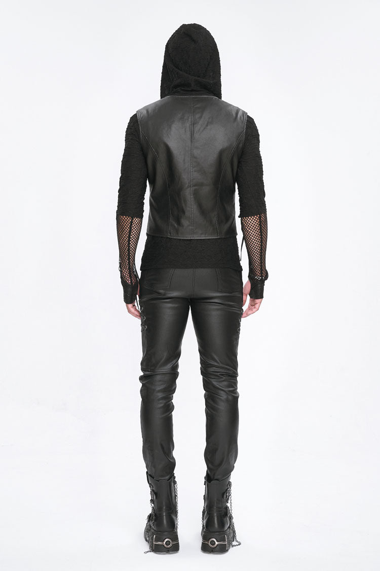 Black Zipper Faux Leather Men's Punk Waistcoat - Product - 7