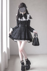 Black [Angel Heartbeat] Long Sleeves Plaid Print Ruffle Bowknot Lace Sweet Jirai Kei Japanese Dress - Black - 1