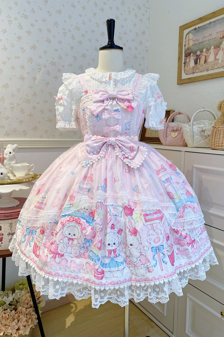 Pink [Cute Rabbit Sweet Cake] Print Ruffle Bowknot Lace Sweet Lolita Jsk Dress - Pink - 1