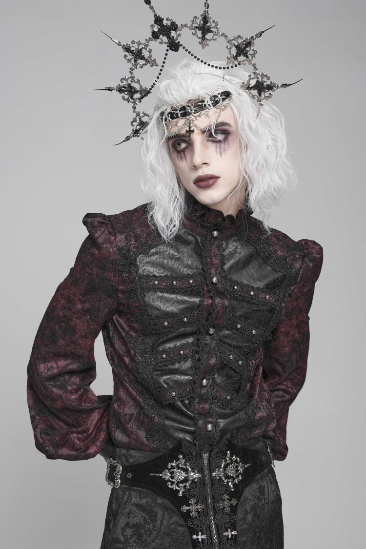 Black/Red Stand Collar Long Lantern Sleeves Floral Print Embroidery Men's Gothic Blouse - Product - 3