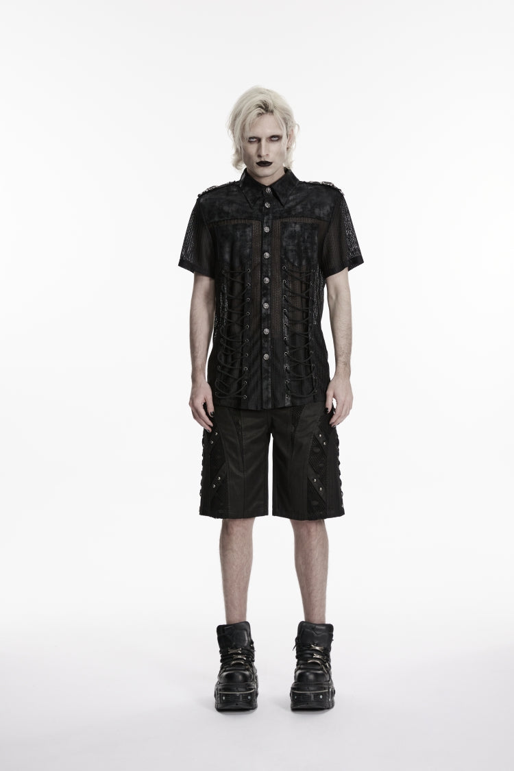 Black Lapel Collar Short Sleeves Spliced Lace-Up Sheer Mesh Eyelet Men's Punk Handsome Shirt - Product - 2
