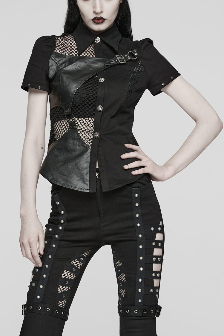 Black Twill Woven Short Sleeves Hollow Leather Stitching Womens Steampunk Blouse - Black - 1