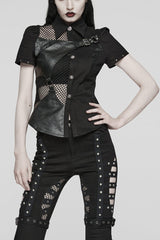 Black Twill Woven Short Sleeves Hollow Leather Stitching Womens Steampunk Blouse - Black - 1