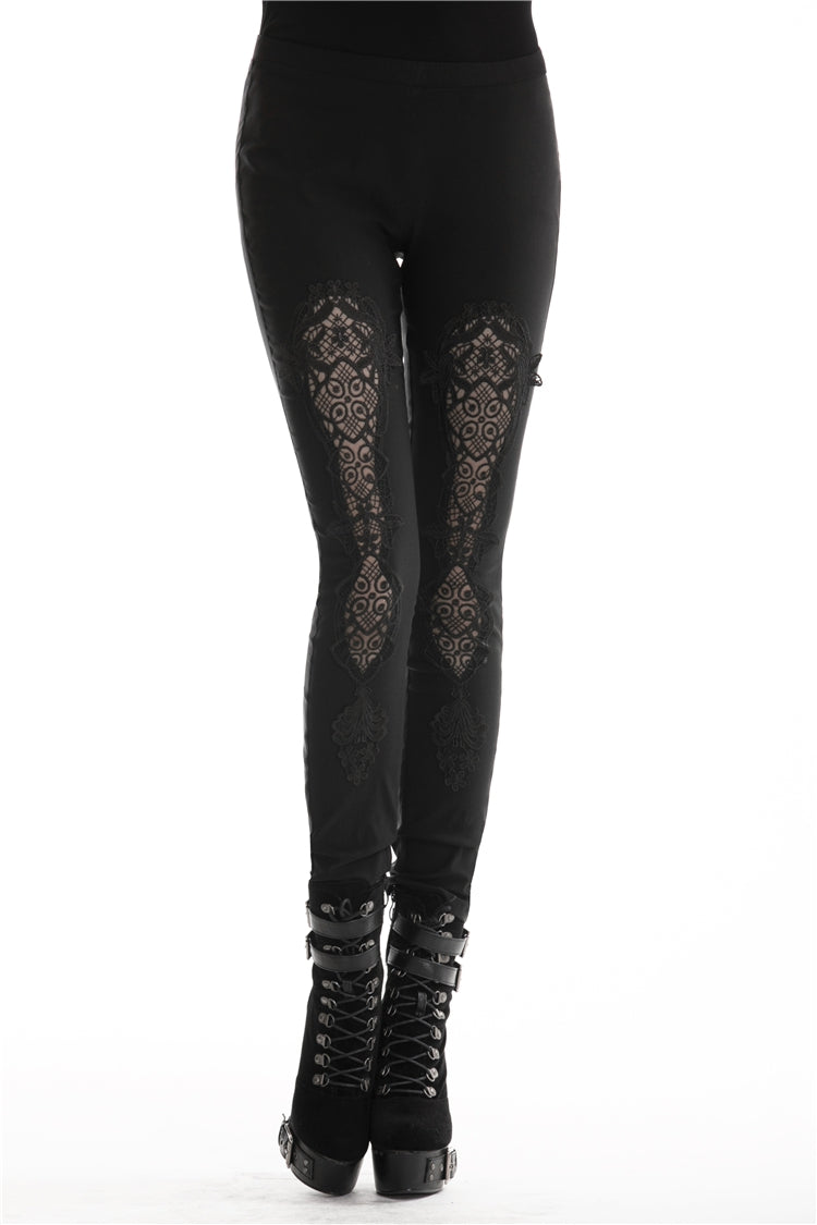 Black Floral Cut-Out Lace-Up Women's Gothic Leggings - Black - 1