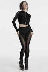 Black Long Sleeves Flocking Mesh Zipper Women's Gothic Jacket - Product - 4